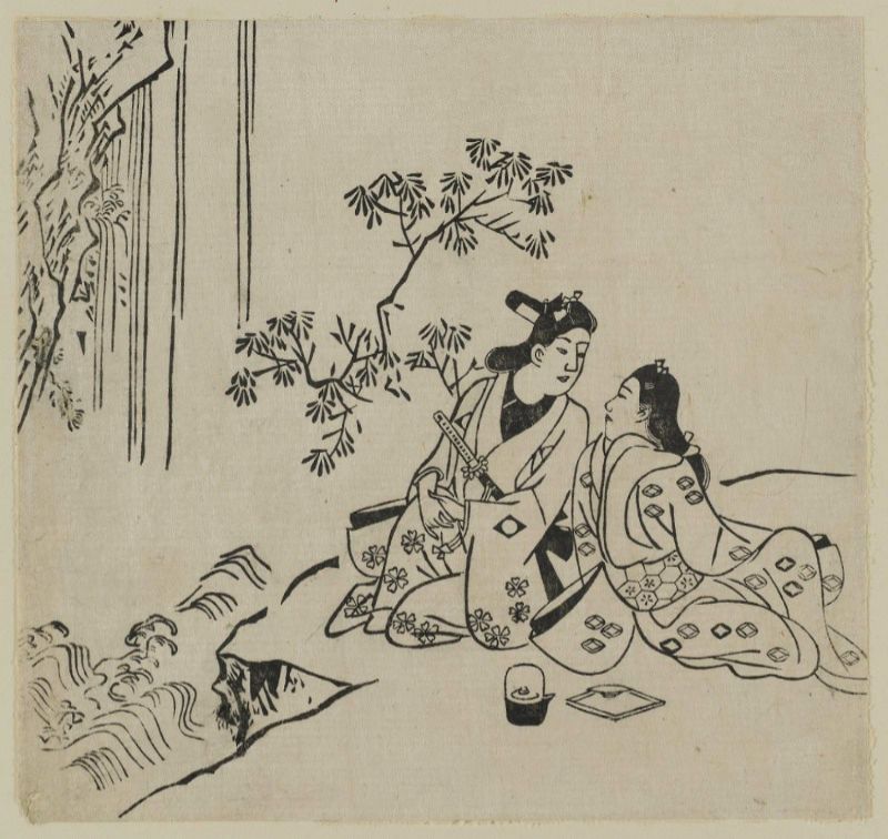 Lovers By A Waterfall by Hishikawa Moronobu, 1680
